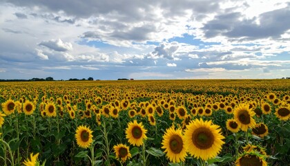 Fototapeta premium Lush Sunflower Field Under Expansive Blue Sky with Soft Clouds