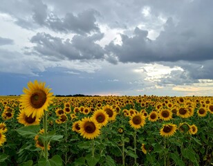 Fototapeta premium Vibrant Sunflower Field Under Dramatic Clouds at Dusk