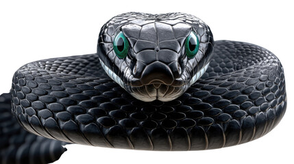Striking Gaze of a Black Snake: A captivating close-up of a sleek black snake, with its piercing green eyes fixed intently, exudes an aura of mystery and the primal allure of the wild.