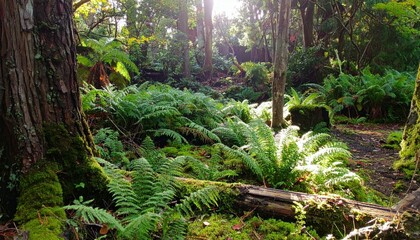 Lush Green Ferns and Trees in Vibrant Forest Sunlight Scene