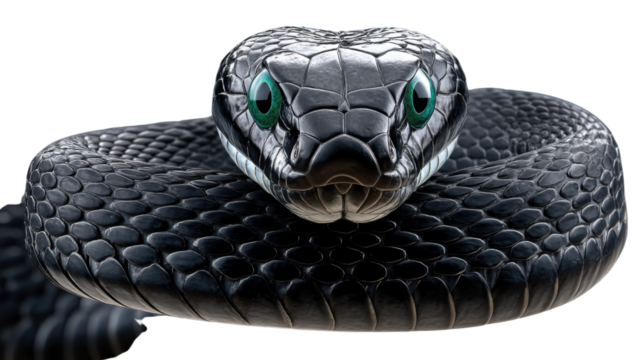 Striking Gaze of a Black Snake: A captivating close-up of a sleek black snake, with its piercing green eyes fixed intently, exudes an aura of mystery and the primal allure of the wild.