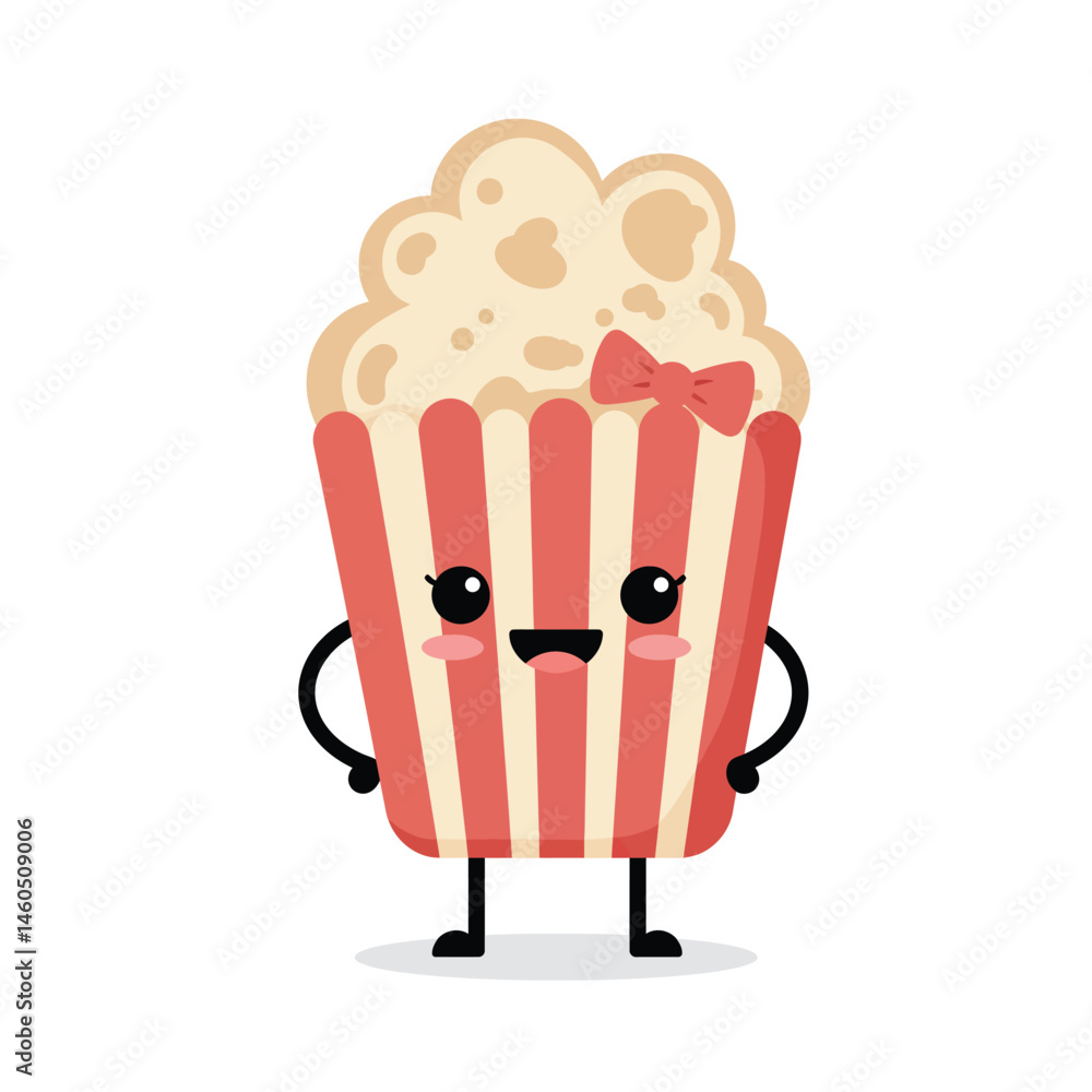 Poster cute popcorn character with red bow and striped container smiling and posing vector illustration