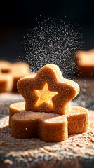 Golden Star Shaped Cookies with Powdered Sugar on Dark Background