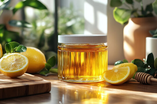 Jar of honey and lemons on a table. - Powered by Adobe