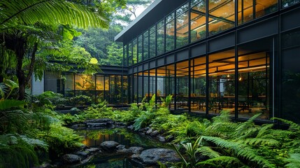 Fototapeta premium Contemporary glass-walled office surrounded by greenery, panoramic perspective showcasing natural elements blending with urban design. 