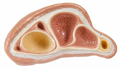 Obraz premium Detailed anatomical model of a human organ, showcasing internal structures and layers with vibrant color accuracy. Ideal for medical education and research.