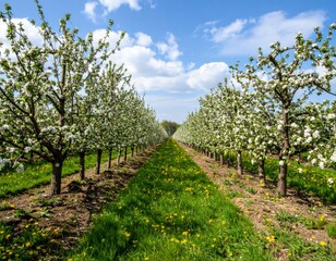 Naklejka premium Blossom Pathway in a Scenic Apple Orchard Under a Blue Sky