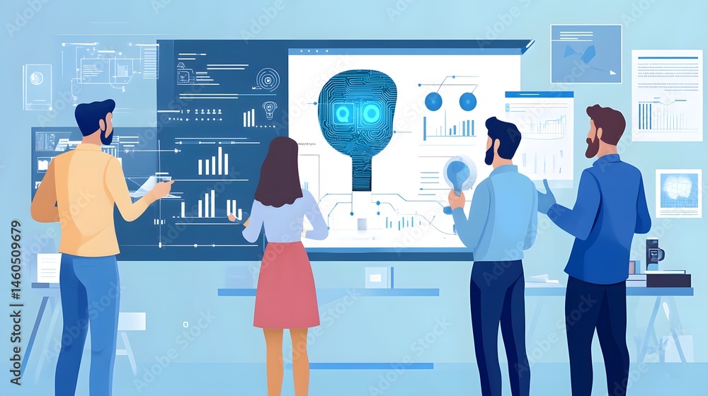 Poster modern business team analyzes a large interactive display.