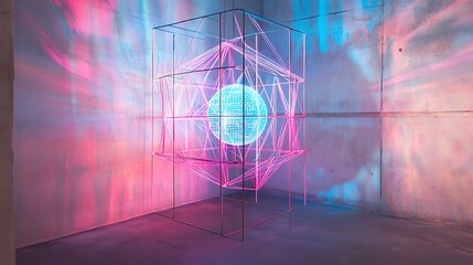 Luminous blue sphere floats within a wireframe cube, bathed in neon pink and blue light