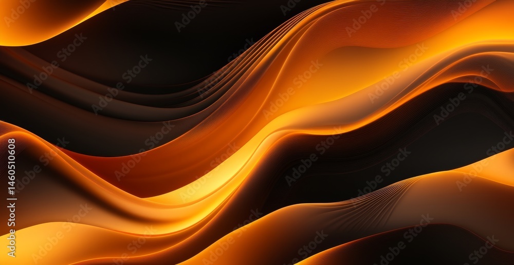 Poster abstract flowing waves of orange and gold on a dark background. detailed wavy patterns create a dyna
