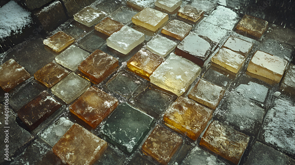 Poster abstract mosaic of glass blocks covered in snow and ice, creating a textured winter scene.