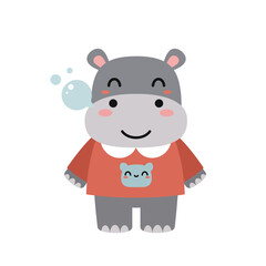 Fototapeta premium Cute cartoon hippopotamus illustration in red sweater with happy face vector design for children and fun projects 