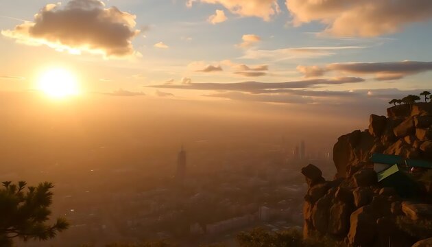 Panoramic skyline view at dusk from mountain peak with dramatic lighting effect - Powered by Adobe