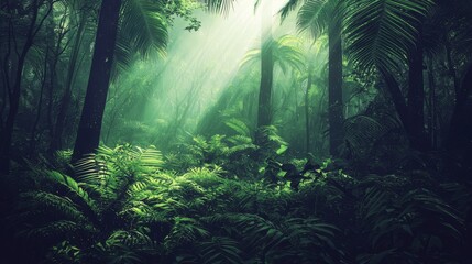 Fototapeta premium Enchanted dark rainforest with sunlit trees