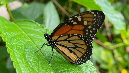 Fototapeta premium Close-Up of Colorful Monarch Butterfly on Green Leaf in Nature