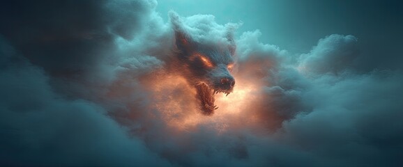 Furious wolf head emitting light from clouds. Wolf head is white with glowing red eyes