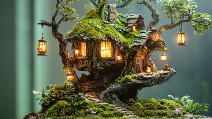 Fototapeta premium Enchanting miniature dwelling nestled within a mystical tree.