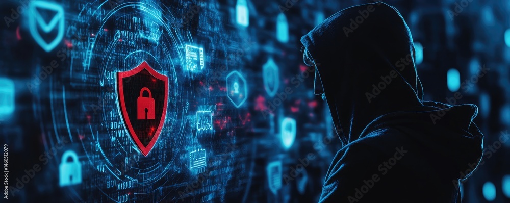 Poster a hooded figure stands in front of a glowing digital shield with a padlock. symbolizing cybersecurit