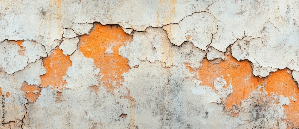 Poster a close-up view of a weathered wall displaying peeling paint in shades of orange and white. highligh