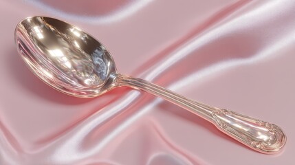 Elegant Rose Gold Serving Spoon on Pink Silk Fabric A Luxurious Tableware Image
