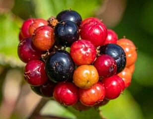 Vibrant Cluster of Varied Colorful Berries on Natural Green Background