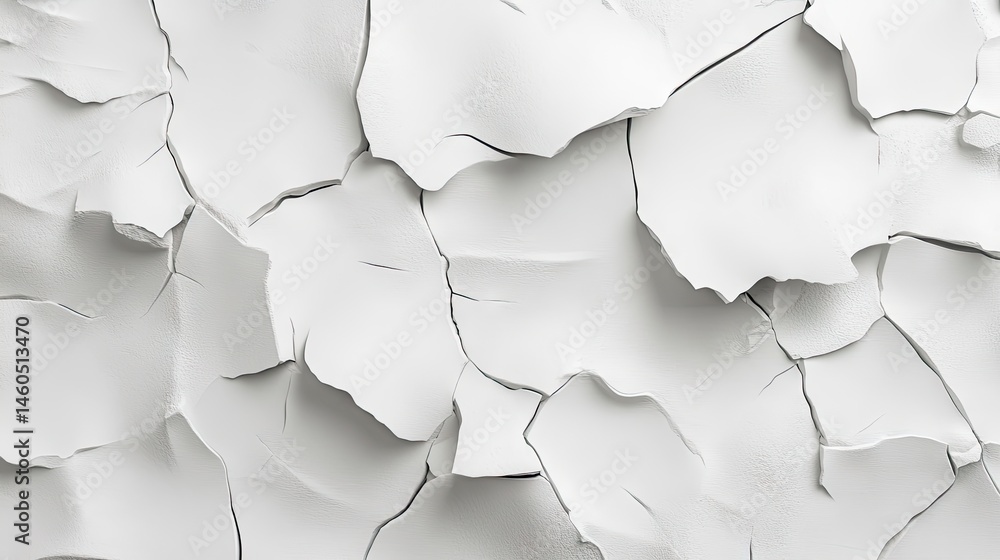 Poster close-up view of cracked white paint on a textured surface. showcasing the intricate patterns and de