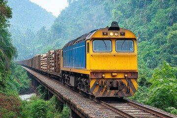 Train Transporting Timber Across a Steel Bridge in a Lush Green Landscape
