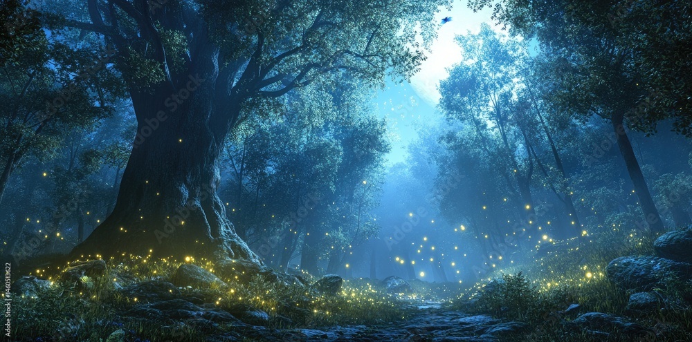Poster enchanted forest at twilight with glowing fireflies illuminating the serene atmosphere. surrounded b