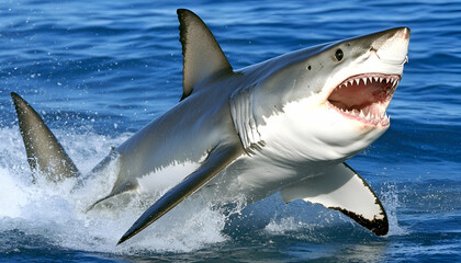 Fototapeta premium Powerful great white shark breaching the ocean surface, jaws open wide. Dramatic wildlife photography.