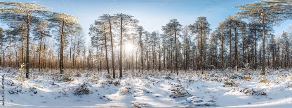 Aufkleber a serene winter landscape featuring tall pine trees blanketed in snow. with sunlight filtering throu