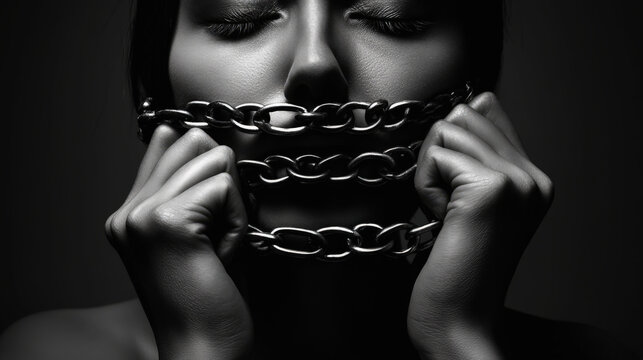 A stark black and white close-up shows a person's lower face, their mouth bound by three heavy chains held by their hands, symbolizing silenced speech and oppression