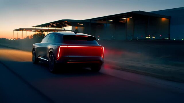 Futuristic white electric car stands motionless at twilight near a concrete factory, rear lights glowing as camera slowly circles in silence. Concept of isolation and suspense in industrial setting