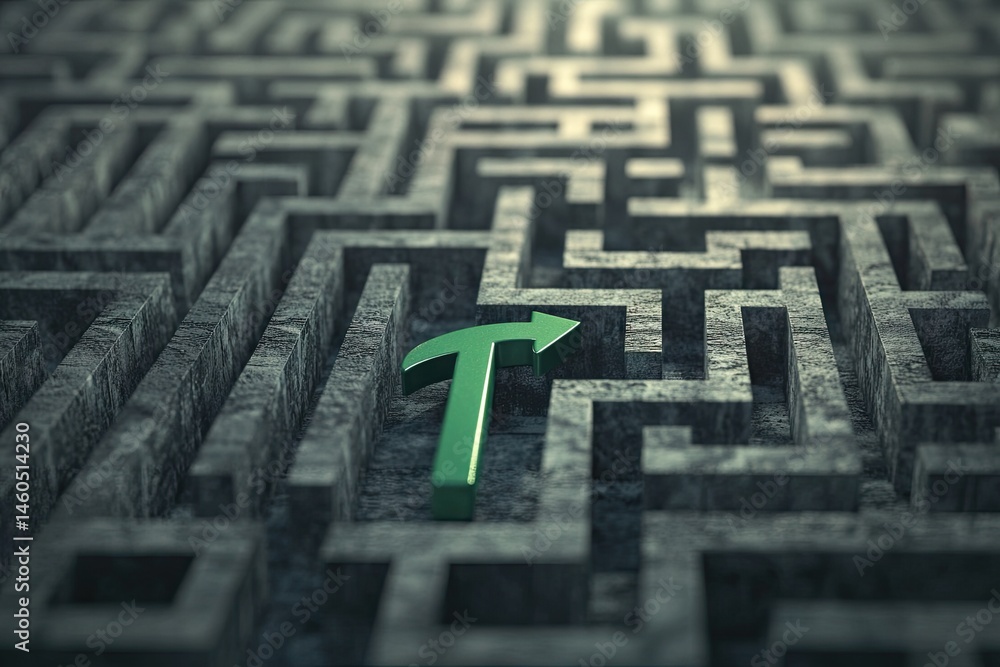 Poster a green arrow navigating through a complex black maze. symbolizing problem-solving and strategic thi