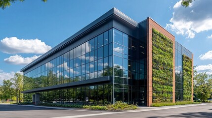 Obraz premium Contemporary office building with a living green wall, low-angle shot capturing the balance of modern structure and greenery. 