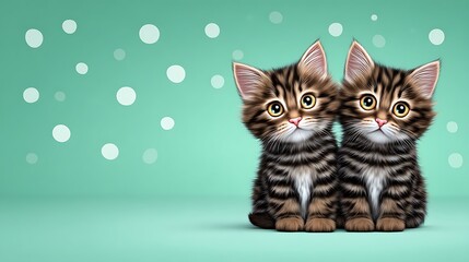 Adorable Twin Kittens on Mint Green Background.