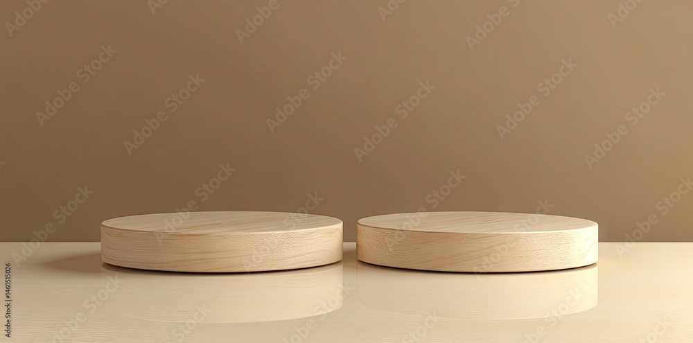 Poster a minimalist stage setup featuring three circular platforms on a smooth floor. surrounded by elegant