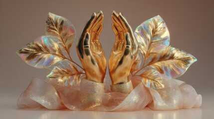 Golden Hands Embrace Iridescent Leaves in Elegant Silk Artistic 3D Render