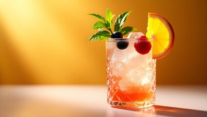Refreshing Summer Cocktail in Crystal Glass with Orange Slice, Mint, and Berries on Sunny Background