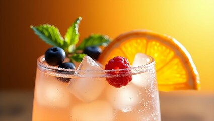 Refreshing Summer Cocktail in Crystal Glass with Orange Slice, Mint, and Berries on Sunny Background