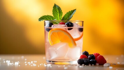Refreshing Summer Cocktail in Crystal Glass with Orange Slice, Mint, and Berries on Sunny Background