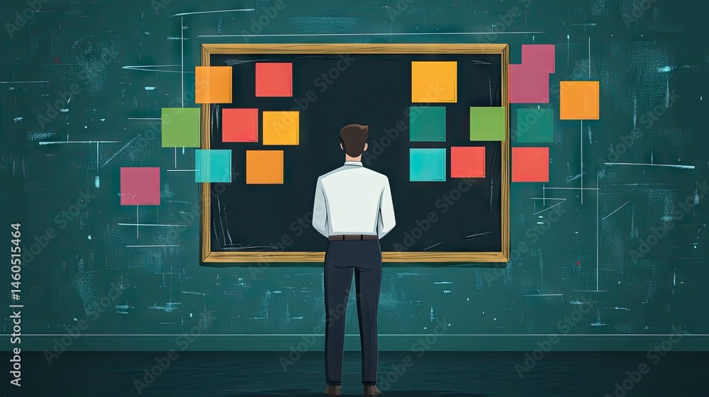 Poster a man in a white shirt and dark pants is arranging colorful square panels on a textured wall. symbol