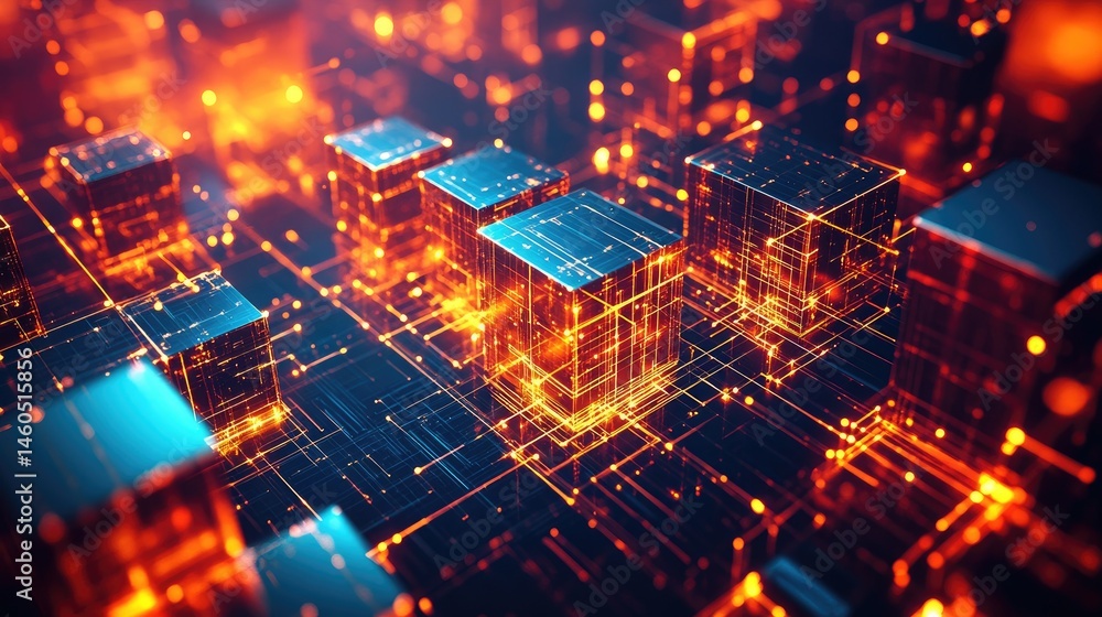 Poster a vibrant digital landscape showcasing floating data cubes in a futuristic setting. illuminated by c