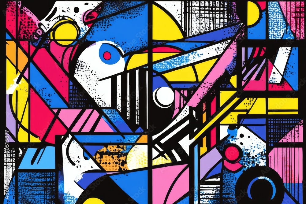 Poster a vibrant abstract composition featuring colorful geometric shapes and patterns. showcasing a lively