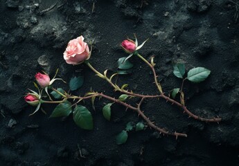 Delicate pink roses on dark soil.  Thorns and buds scattered
