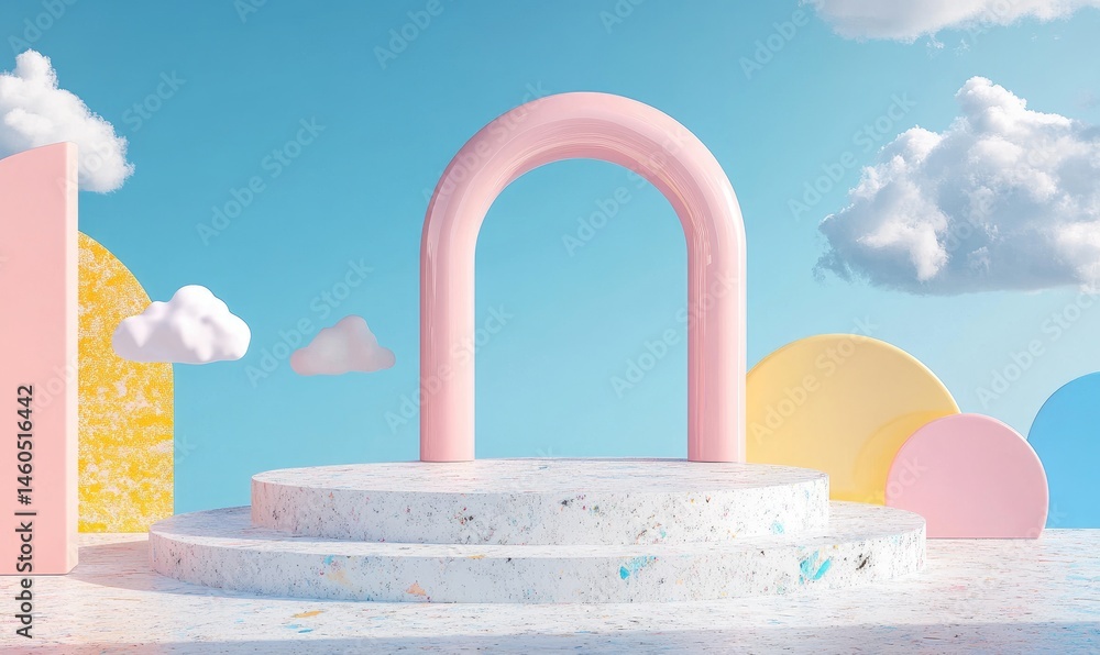 Poster a vibrant. minimalist studio setup featuring a circular platform surrounded by colorful geometric sh