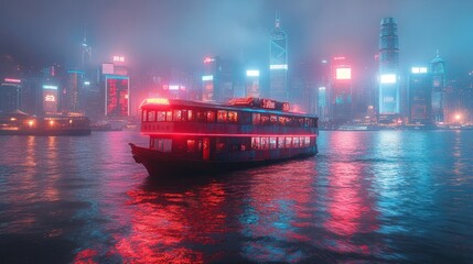 Obraz premium Neon Hong Kong Nightscape: Junkship on Victoria Harbour