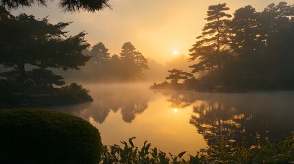 Fototapeta premium Misty Sunrise Over a Tranquil Japanese Garden Pond