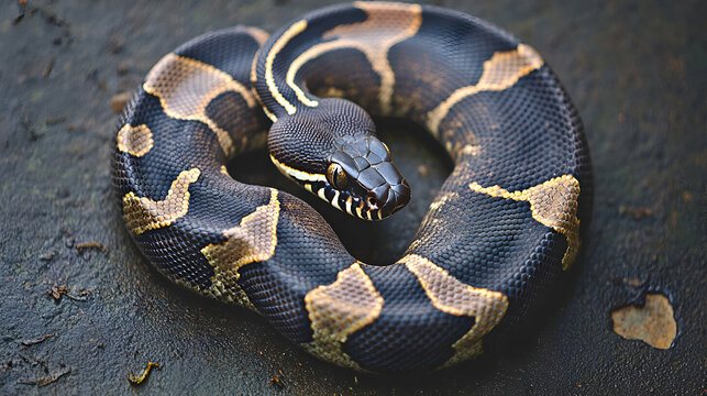 Close-up of a coiled black and tan python on a dark surface. Detailed texture and pattern visible.