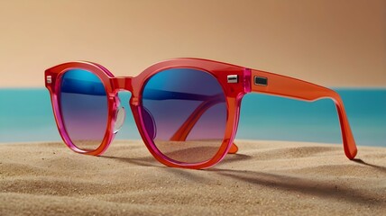 Minimal 3D Neon Sunglasses on Sandy Background – Vibrant Summer Promo Design Element