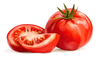 Two tomato halves and a whole tomato, vibrant and realistic illustration.